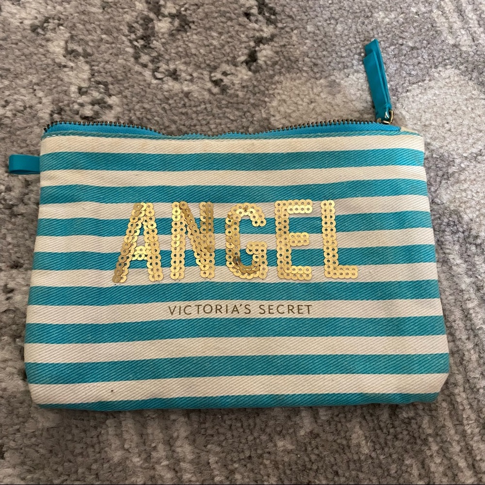 Victoria’s Secret Gold Sequin Angel Blue Stripe Zipper Clutch